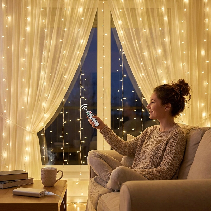 Christmas Curtain Lights in use