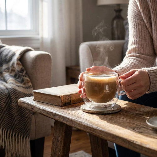 Double Wall Glass Mug in use