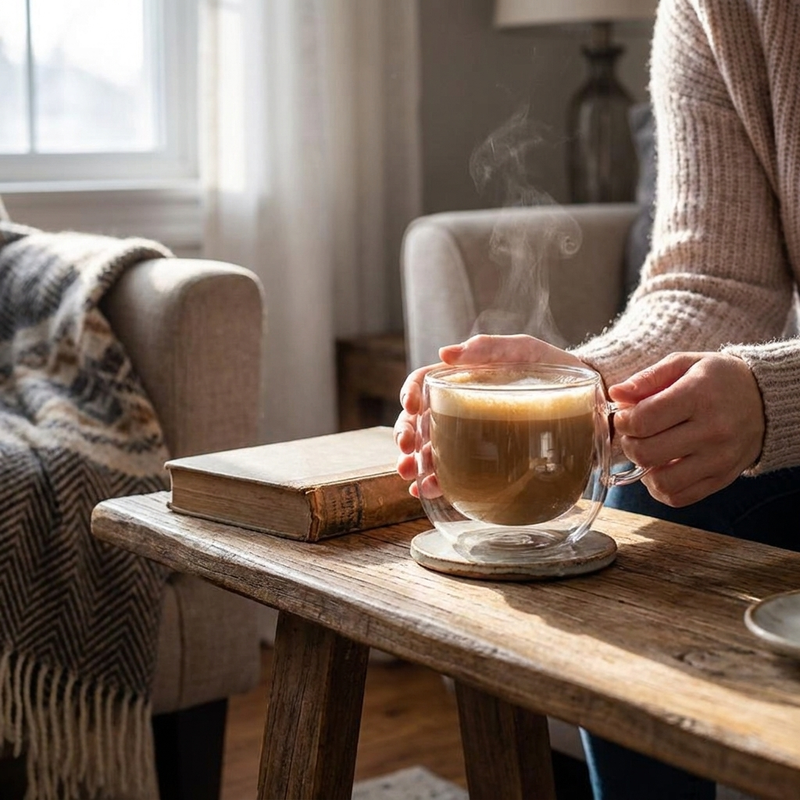 Double Wall Glass Mug in use